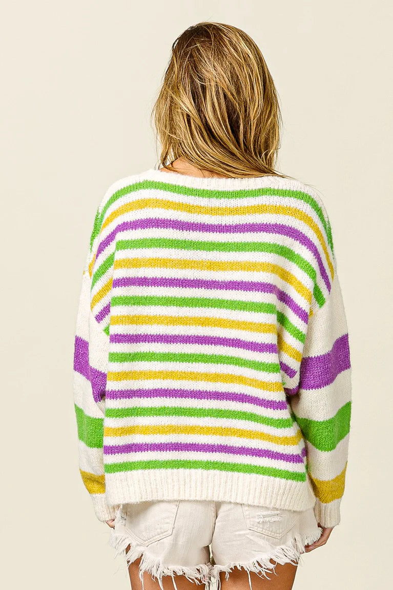 MARDI GRAS COLORS STRIPE COMFY IVORY SWEATER
