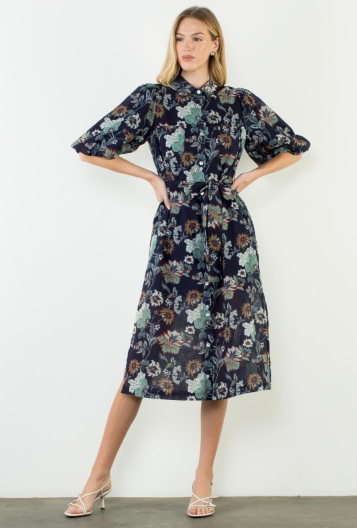 PIUFF SLEEVE FLORAL PATTERN BUTTON DOWN DRESS