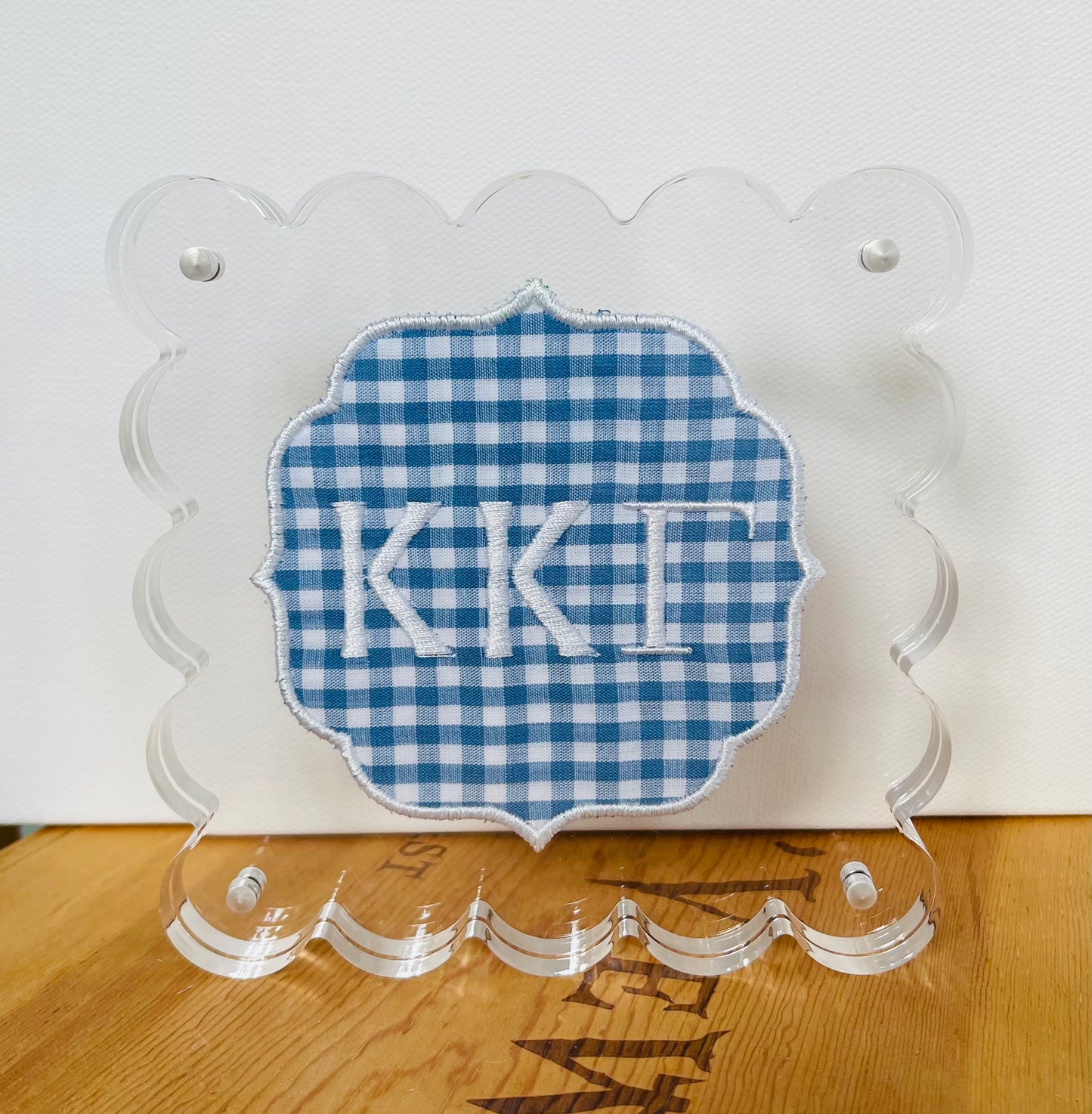 Embroidered Kappa Kappa Gamma on Blue Gingham in Scalloped Acrylic Frame