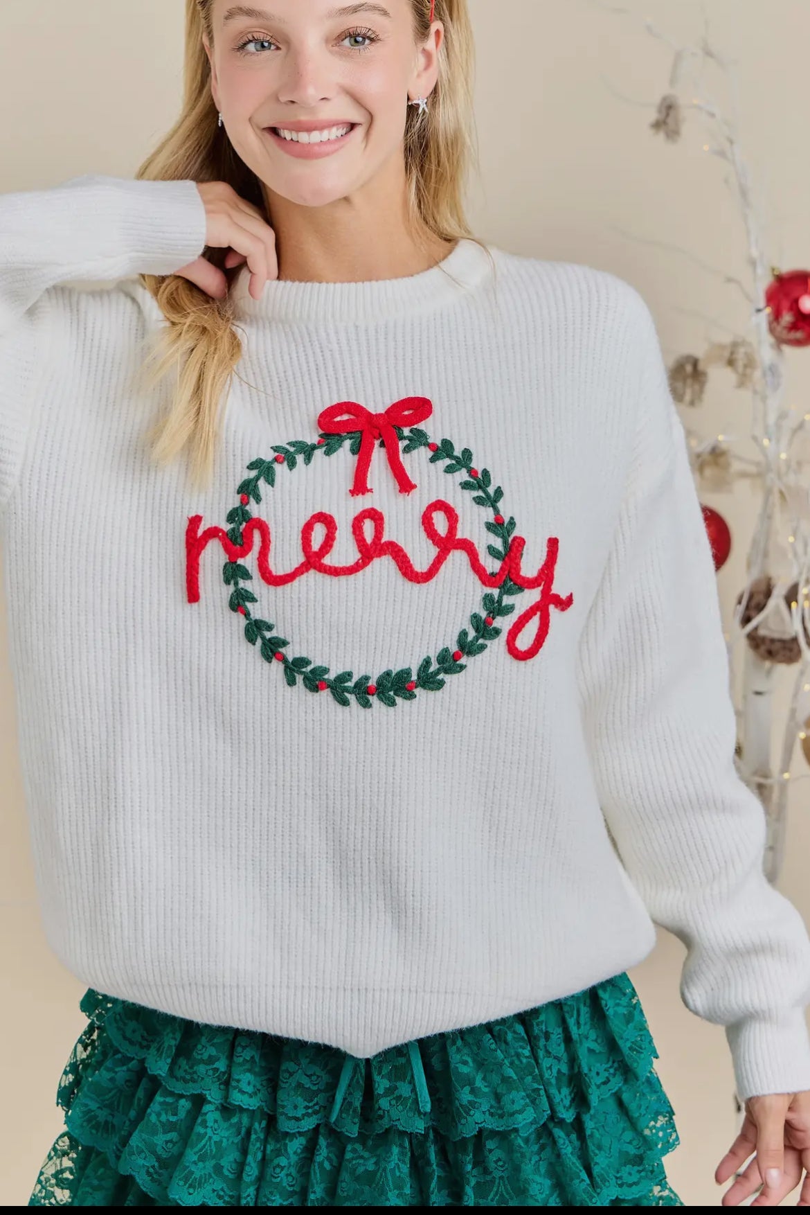 Merry Wreath Knit Sweater with Red Bow - Holiday Pullover