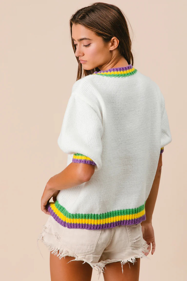 SHORT PUFF SLEEVE RIBBON BOW
MARDI GRAS SWEATER