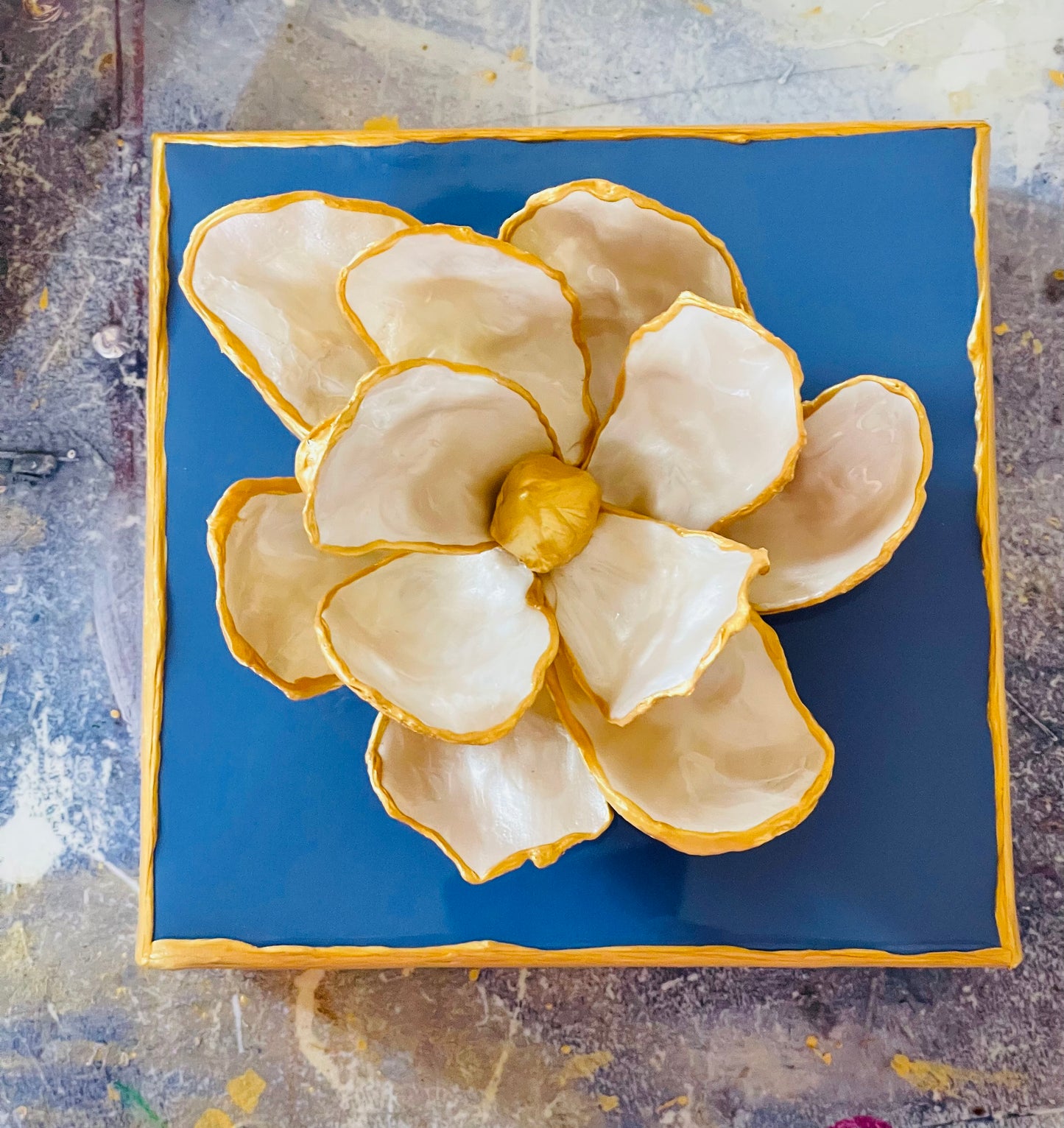 Oyster Magnolia on 6x6 Blue Canvas