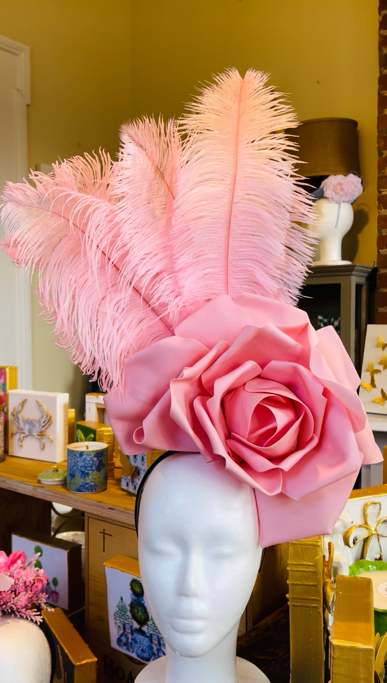 Pink Rose with Pink Feathers Headpiece