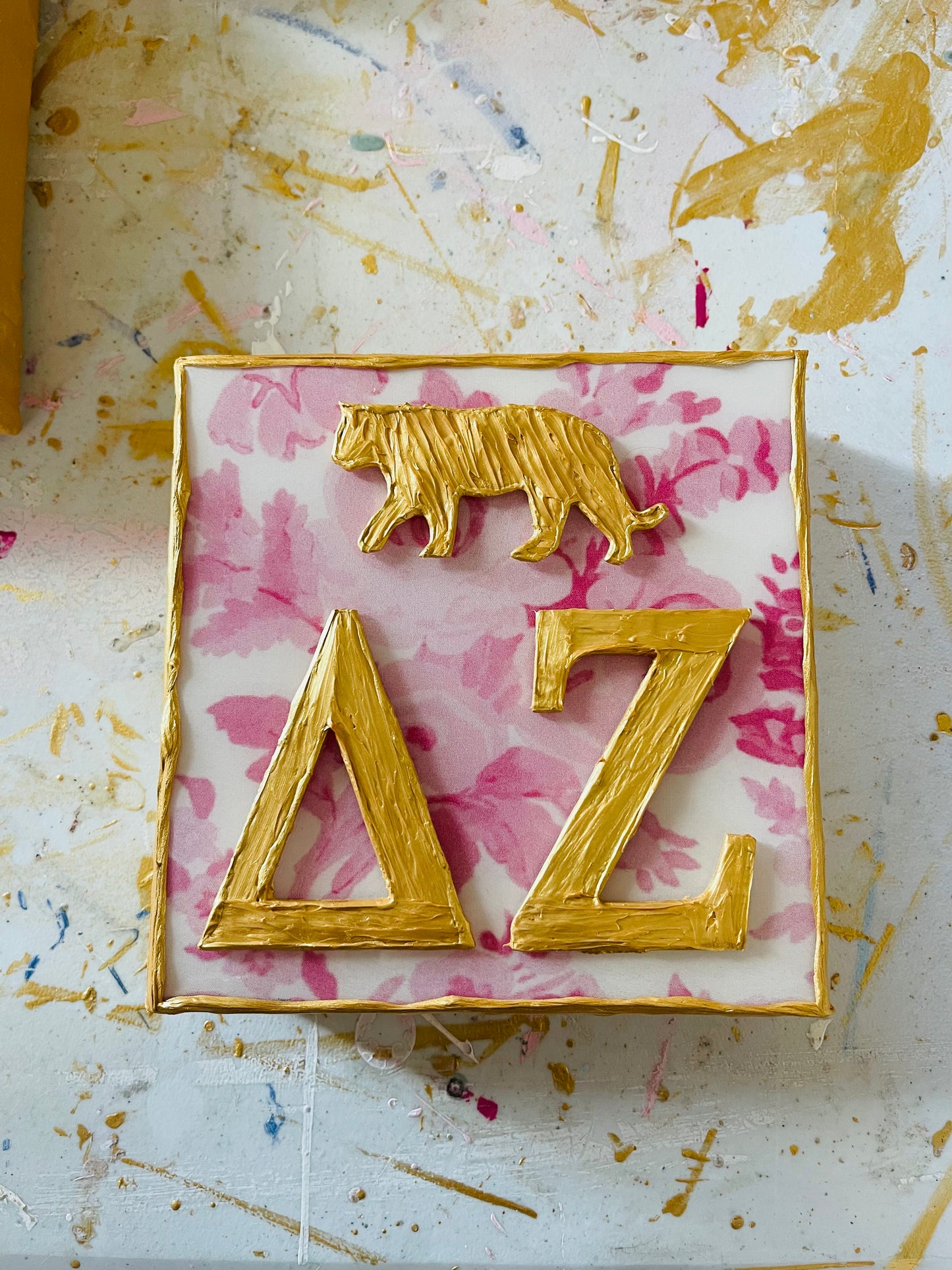 Delta Zeta with Gold Tiger on Pink Floral 6x6 Canvas