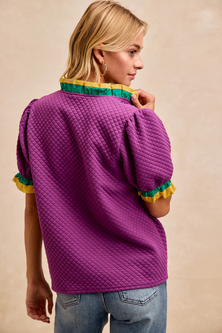 MARDI GRAS WOVEN CONTRAST
RUFFLED PUFF SLEEVES TOP