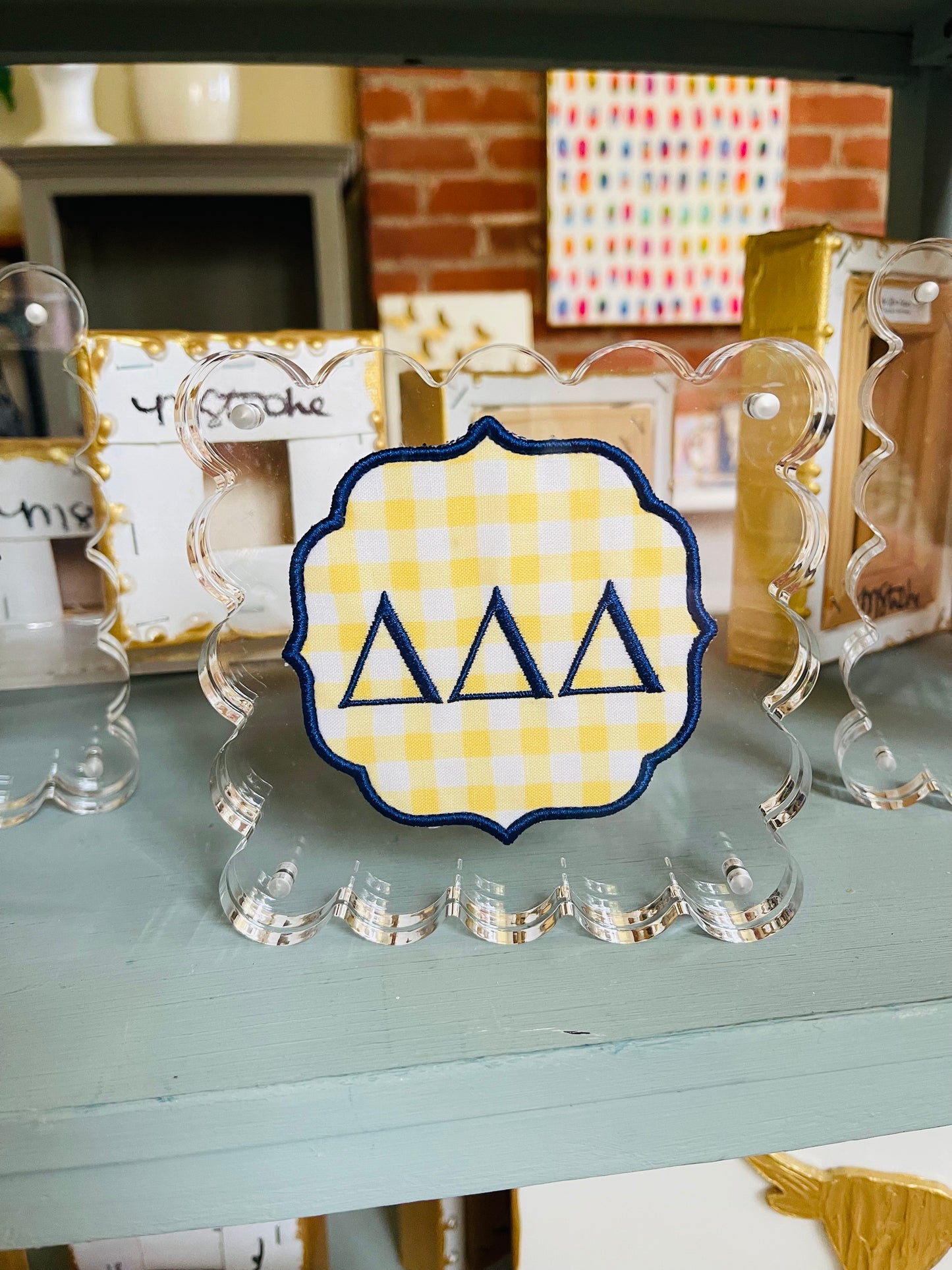 Embroidered Tri Delta on Yellow Gingham in Scalloped Frame