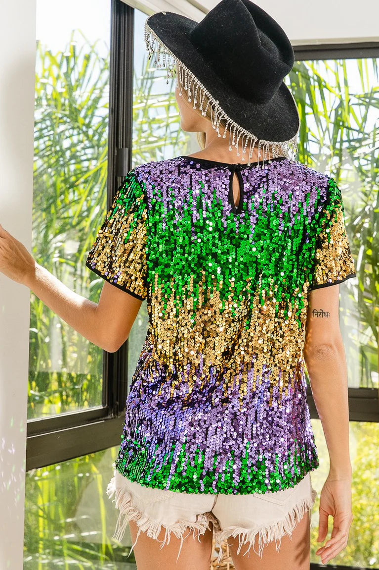 Sequin Mardi Gras Short Sleeve Top