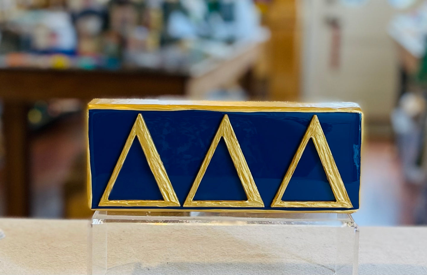 Delta Delta Delta Gold Letters on Blue Wood Block