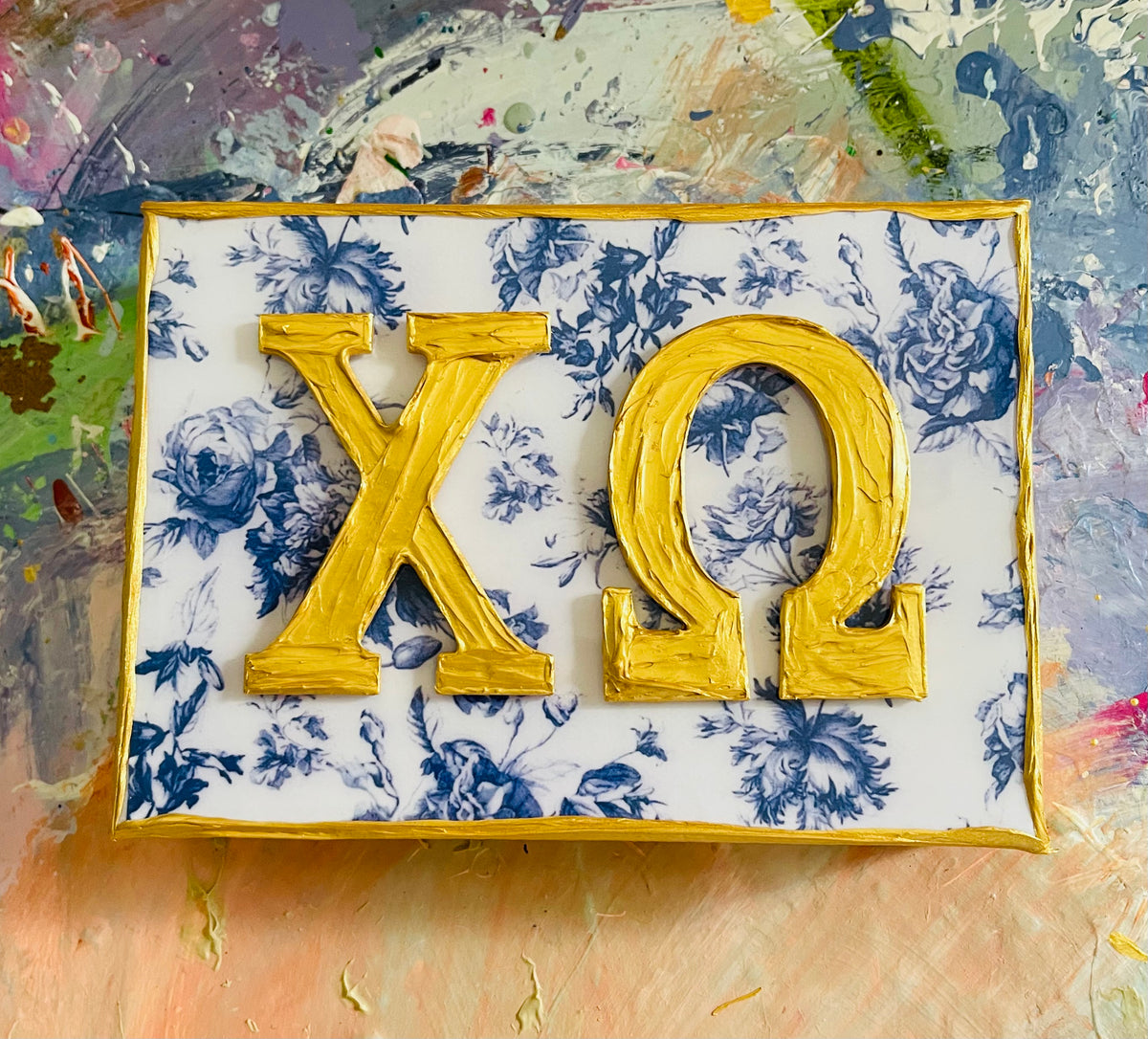 Chi Omega Gold Letters on Blue Floral 5x7 Canvas