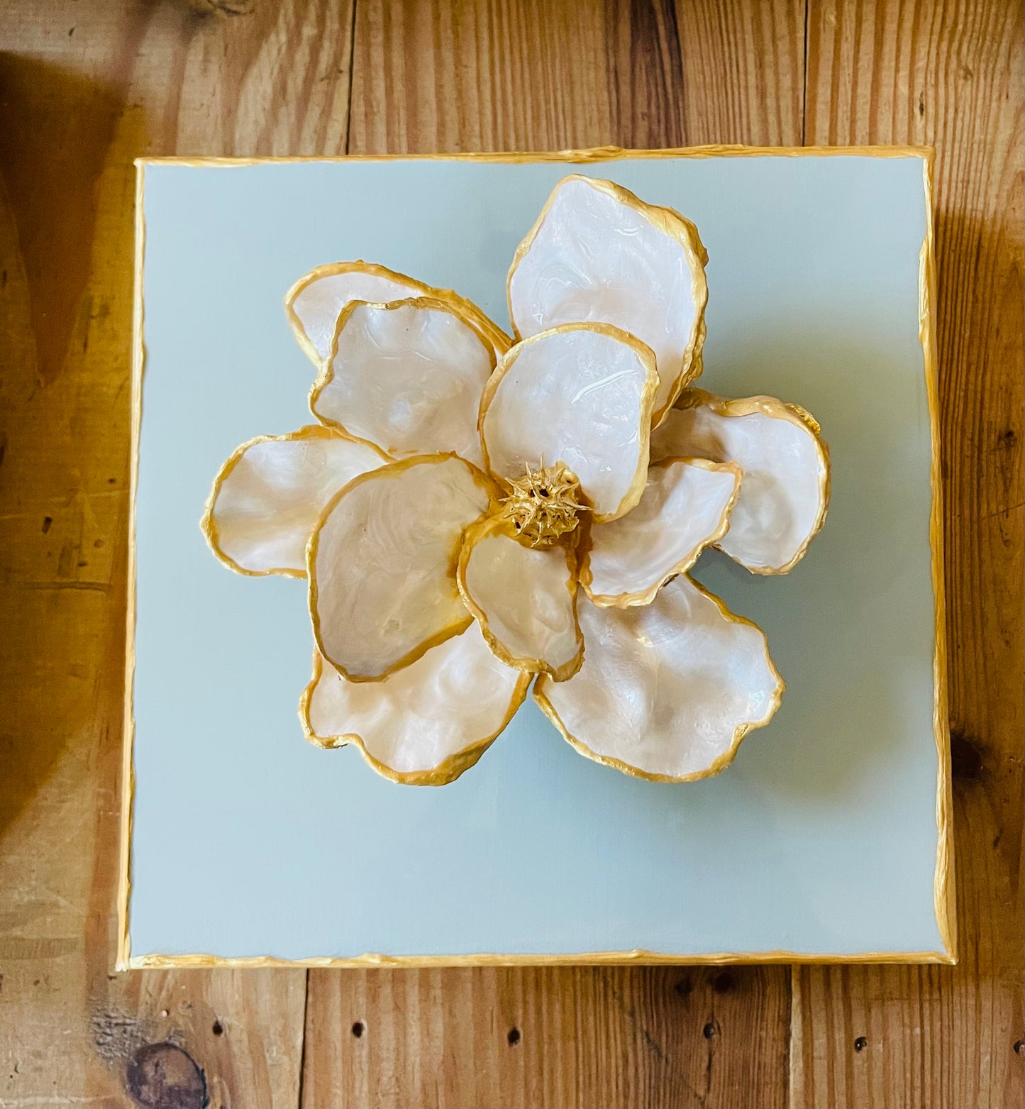 Oyster Magnolia on 8x8 Duckegg Canvas