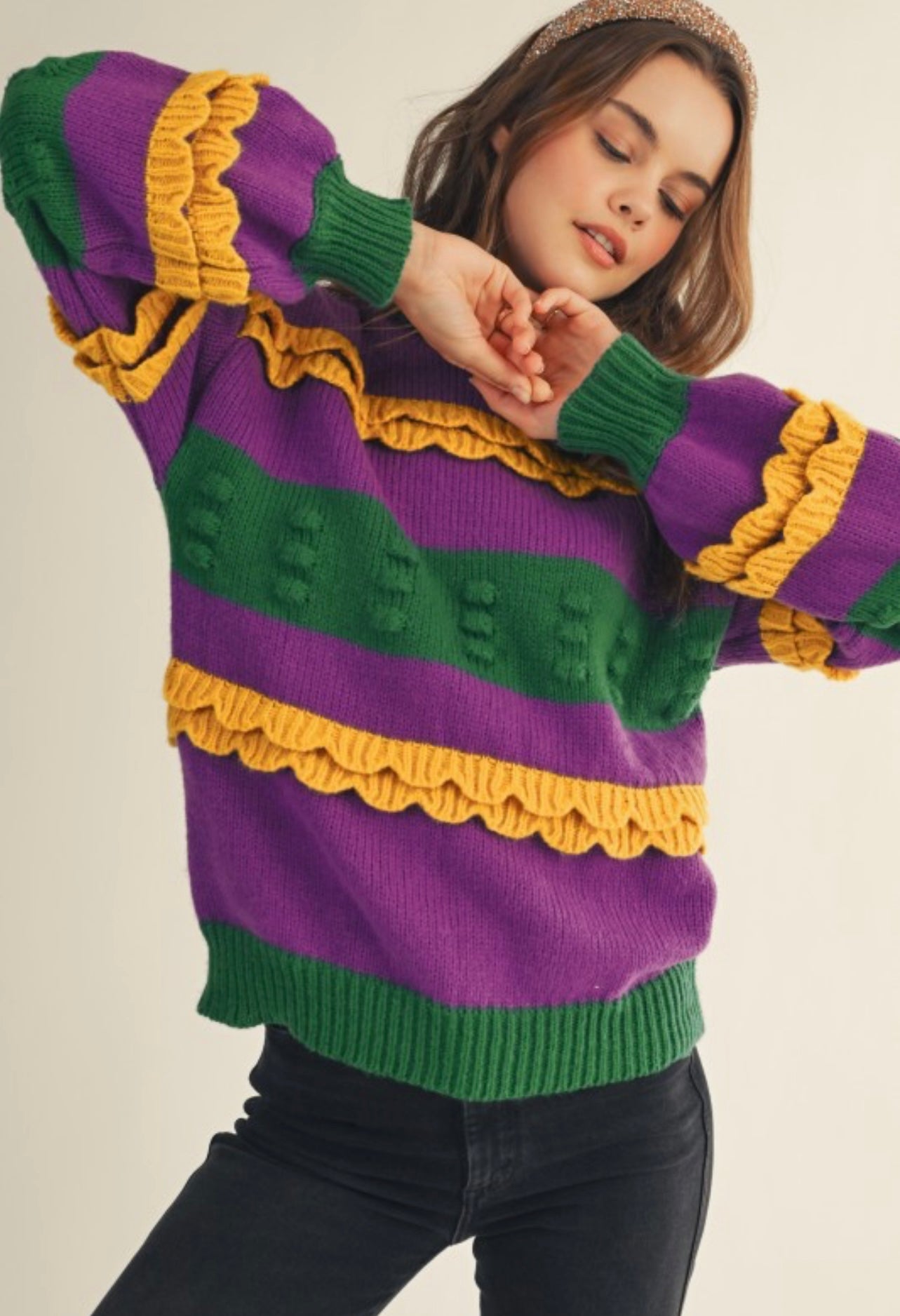 Mardi Gras Ruffled Soft Puff Sweater