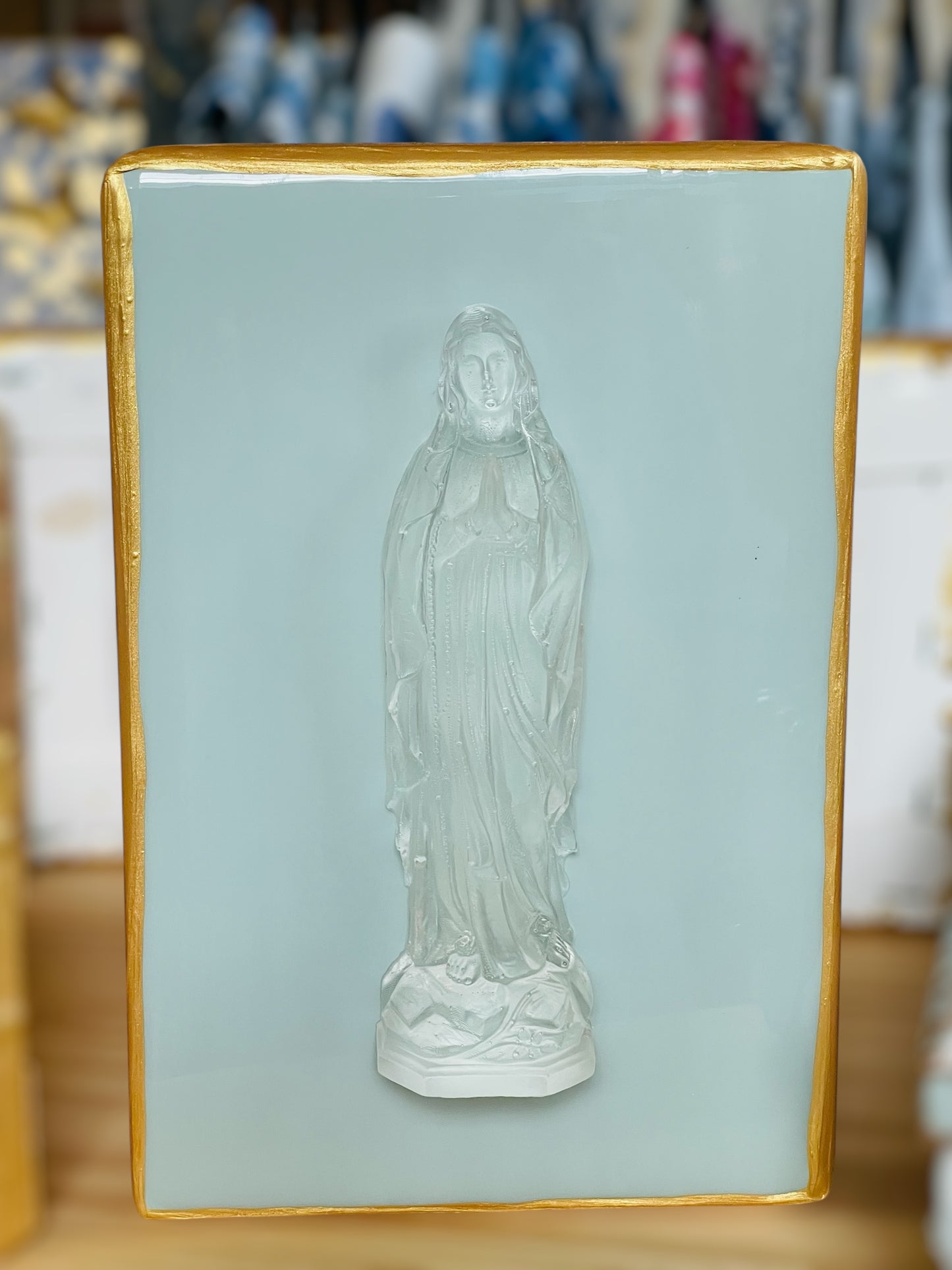 Mother Mary Clear Statue on Duck Egg Wood