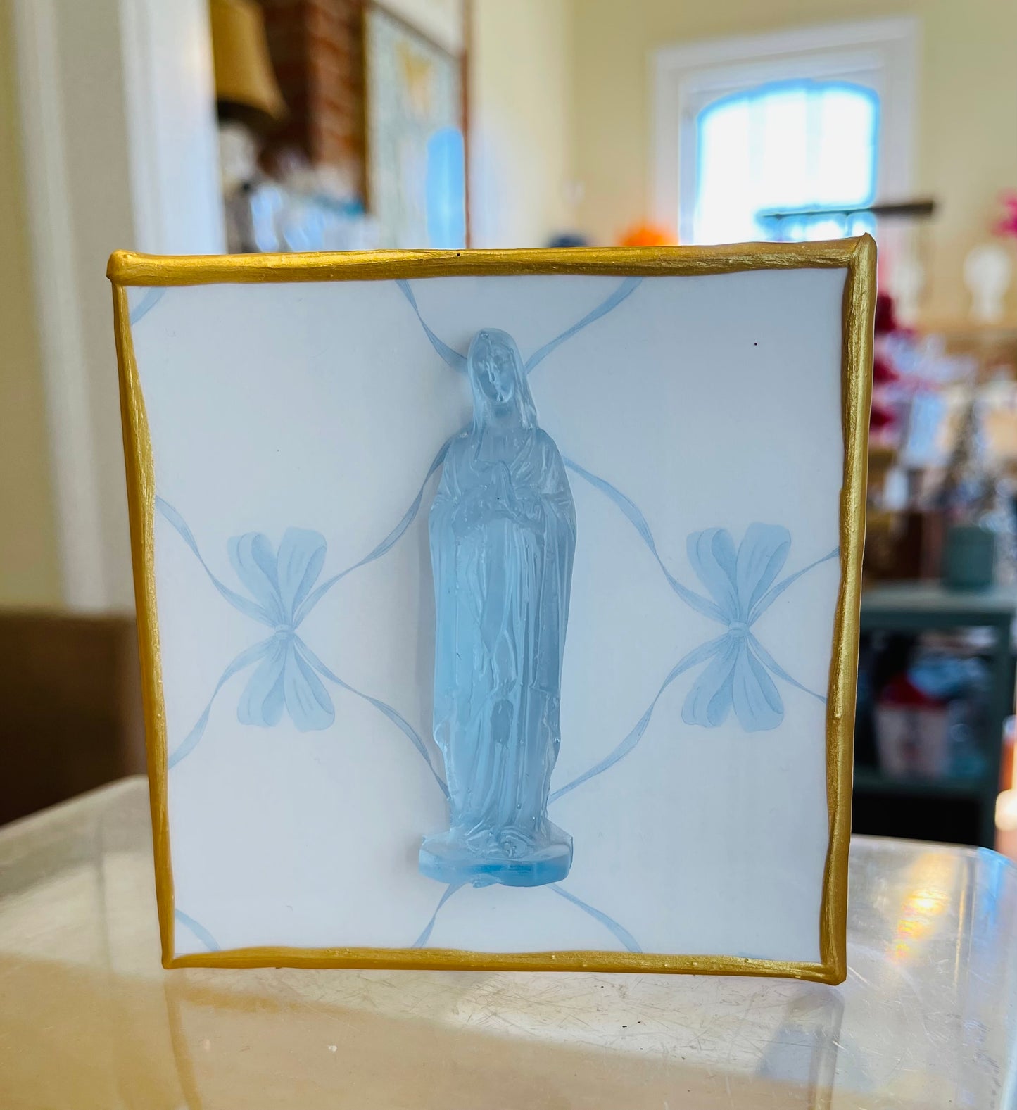 Light Blue Mother Mary with Light Blue Bows on 4x4 Canvas