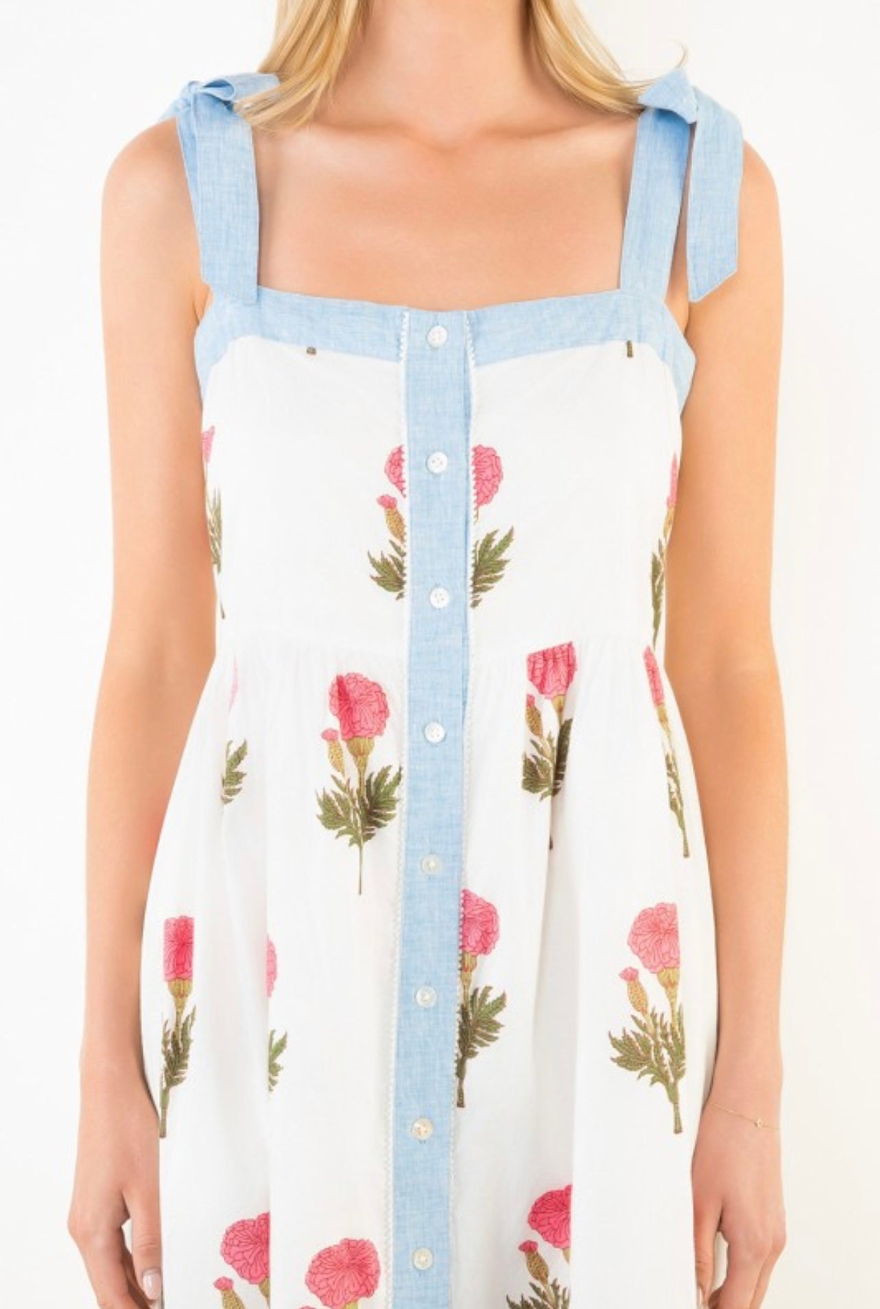 TIE STRAPS FLORAL PATTERN MIDI DRESS