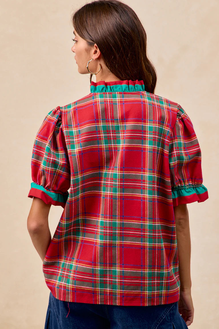 CHRISTMAS PLAID WOVEN
CONTRAST PUFF SLEEVES BLOUSE