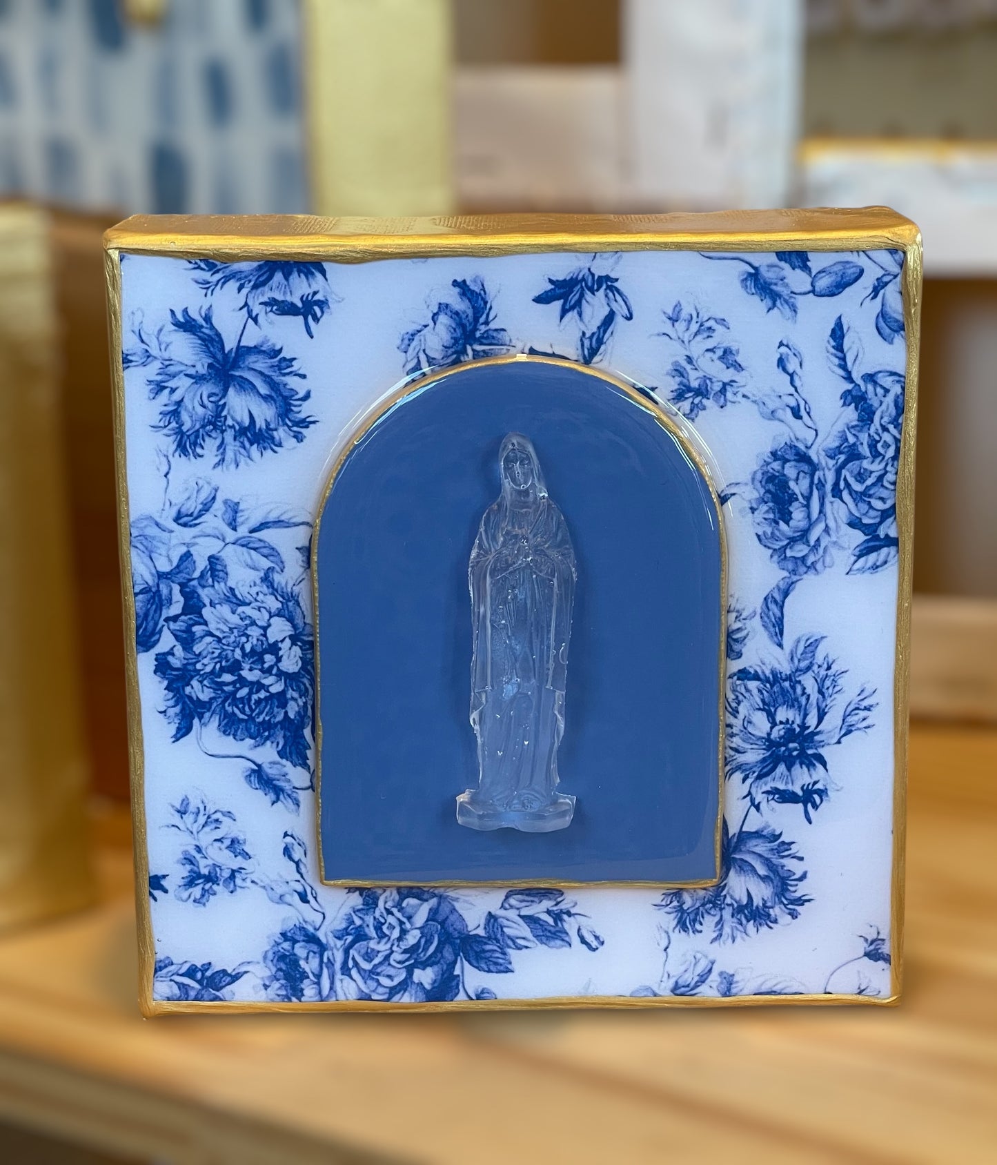 Mother Mary on French Blue Floral 6x6 Canvas