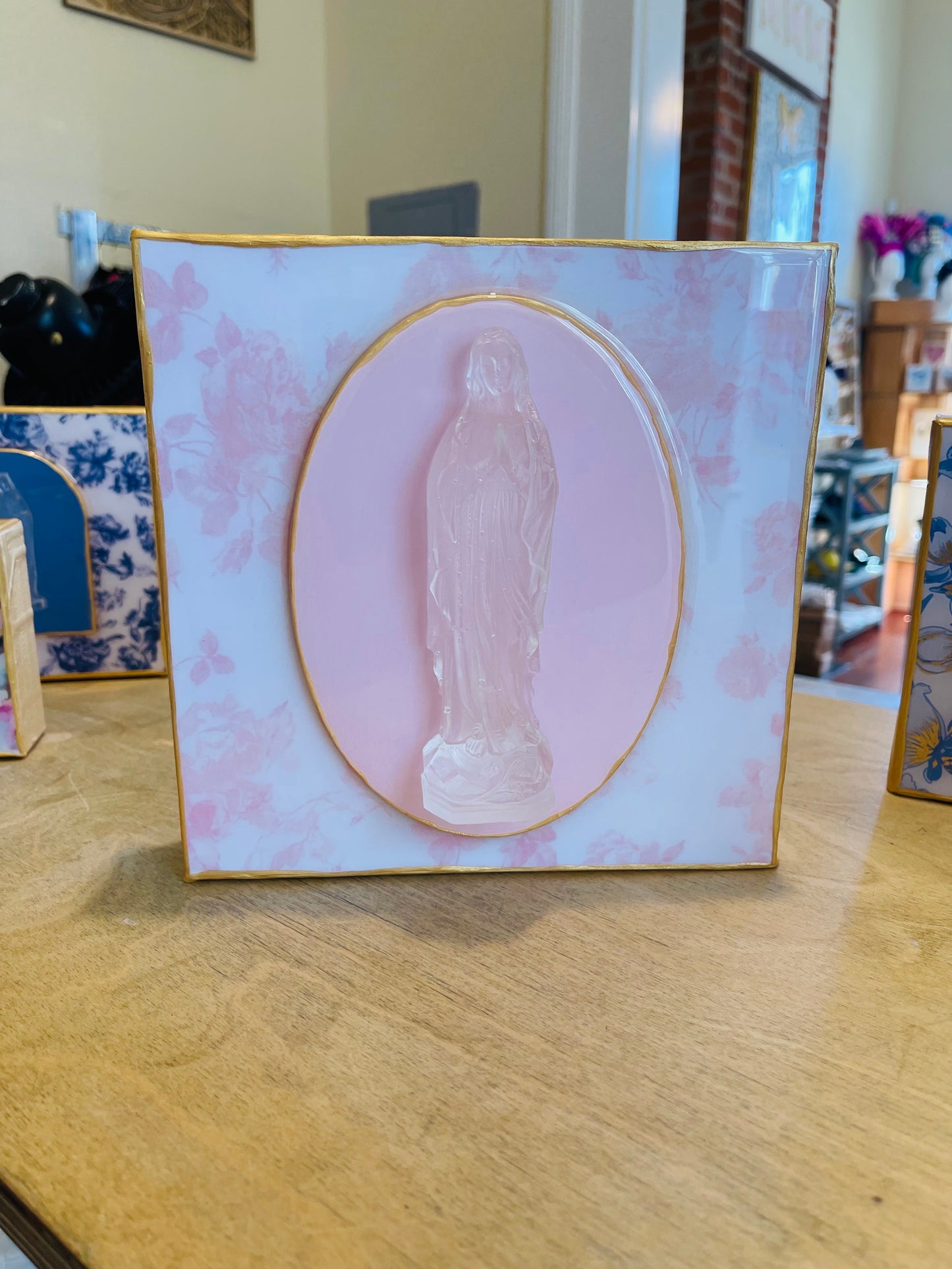 Mother Mary on Pink Floral with Pink Behind Mary on 8x8 Canvas