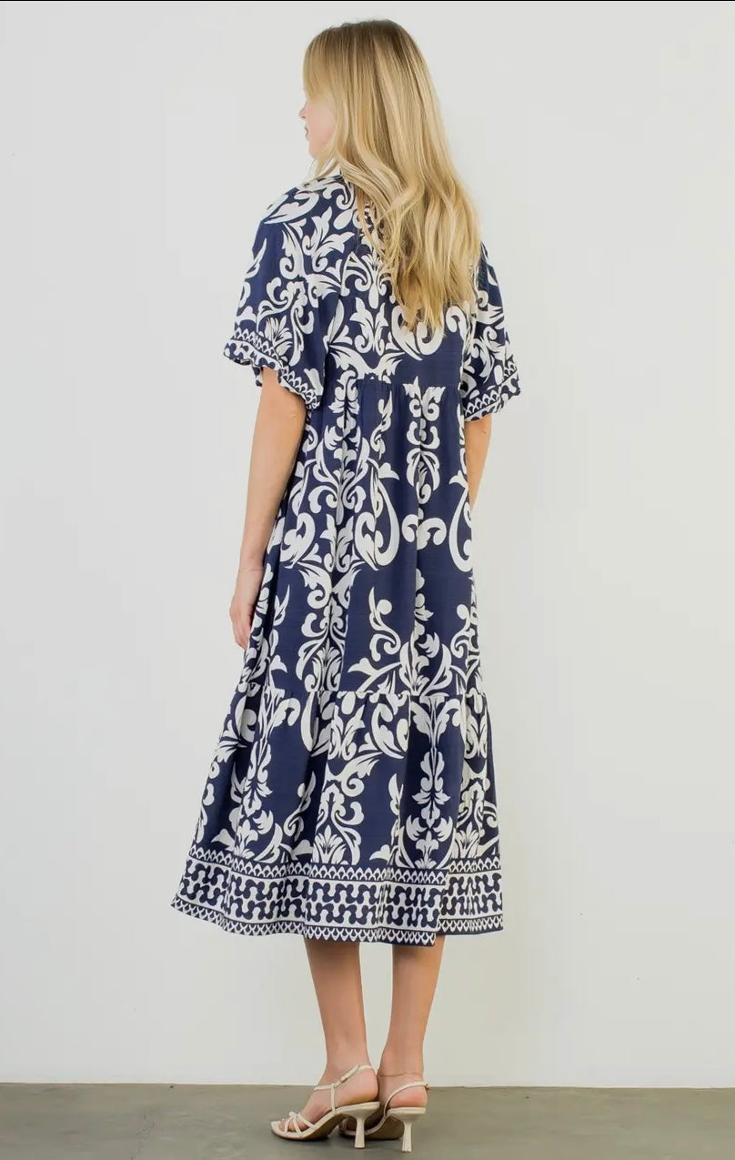 Puff Sleeve Print Midi Dress