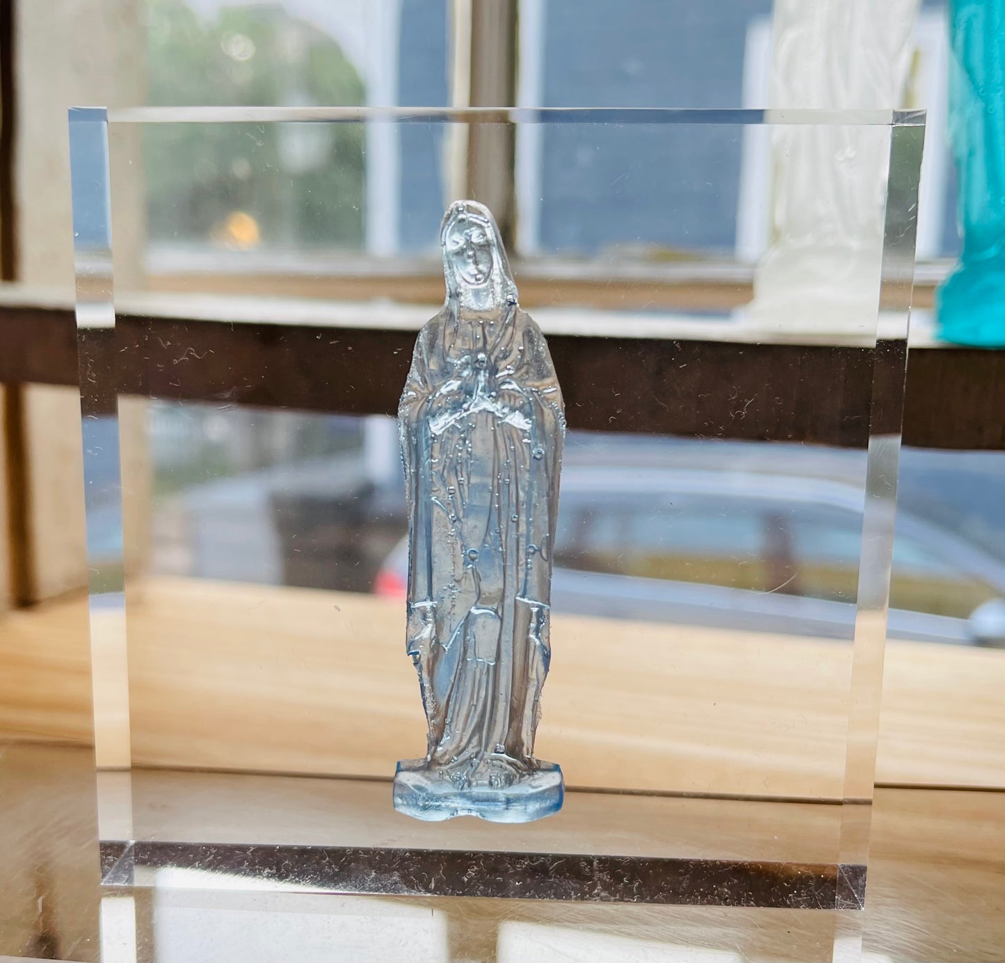 Light Blue Mother Mary Statue on 4x4 Acrylic Frame