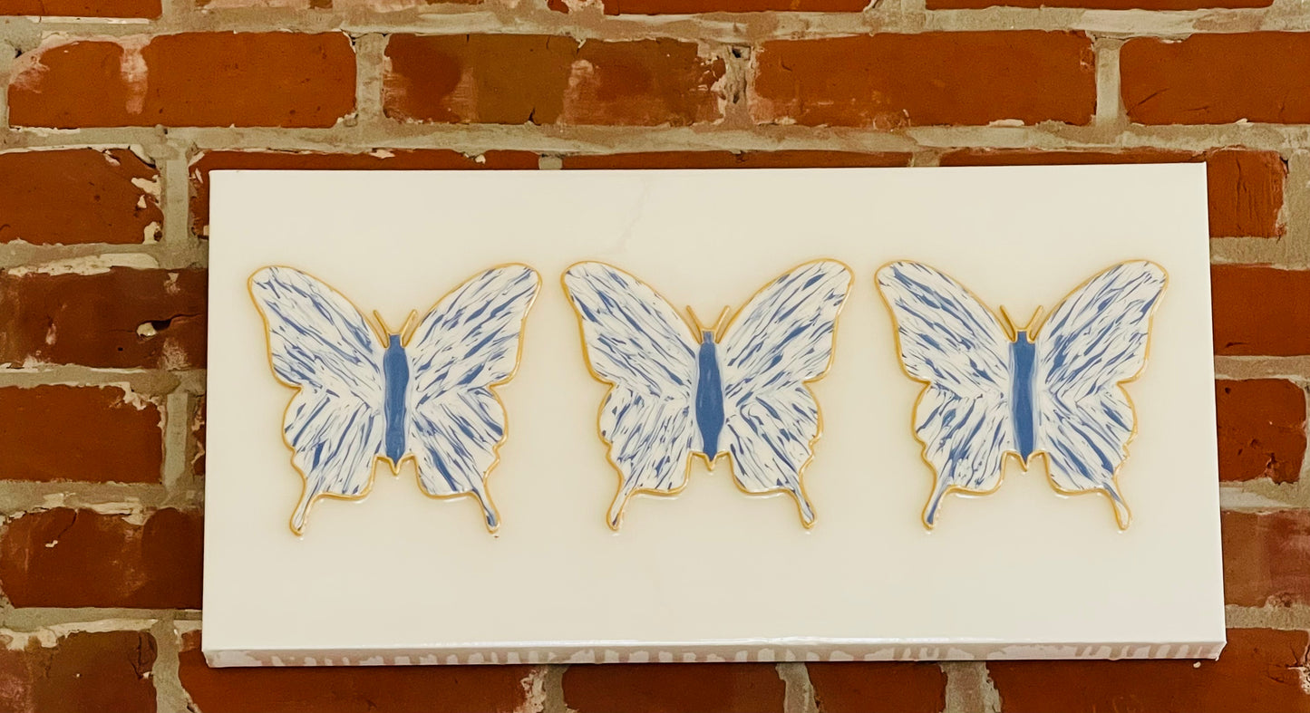 Three French Blue & White Butterflies on 10x20 Canvas
