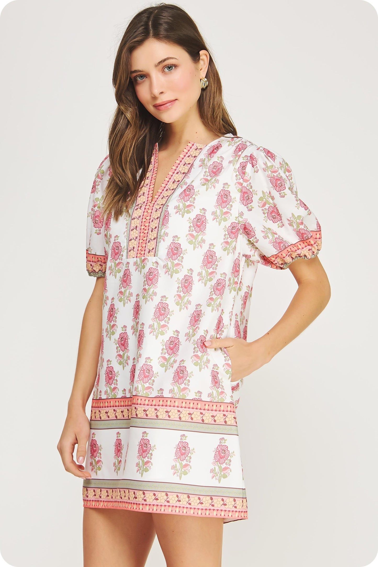 Floral Block Print Poplin Puff Sleeve Dress