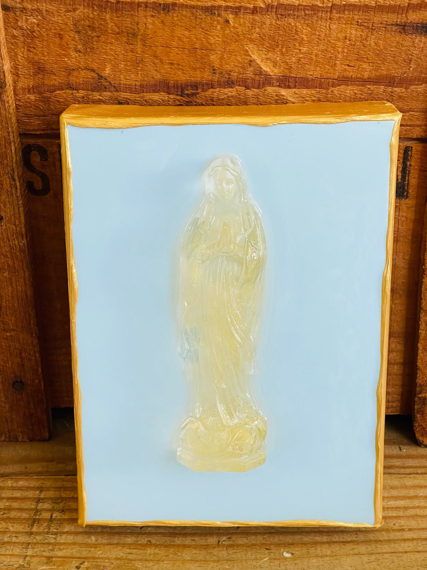 Golden Mary on a Light Blue 6x8 Canvas