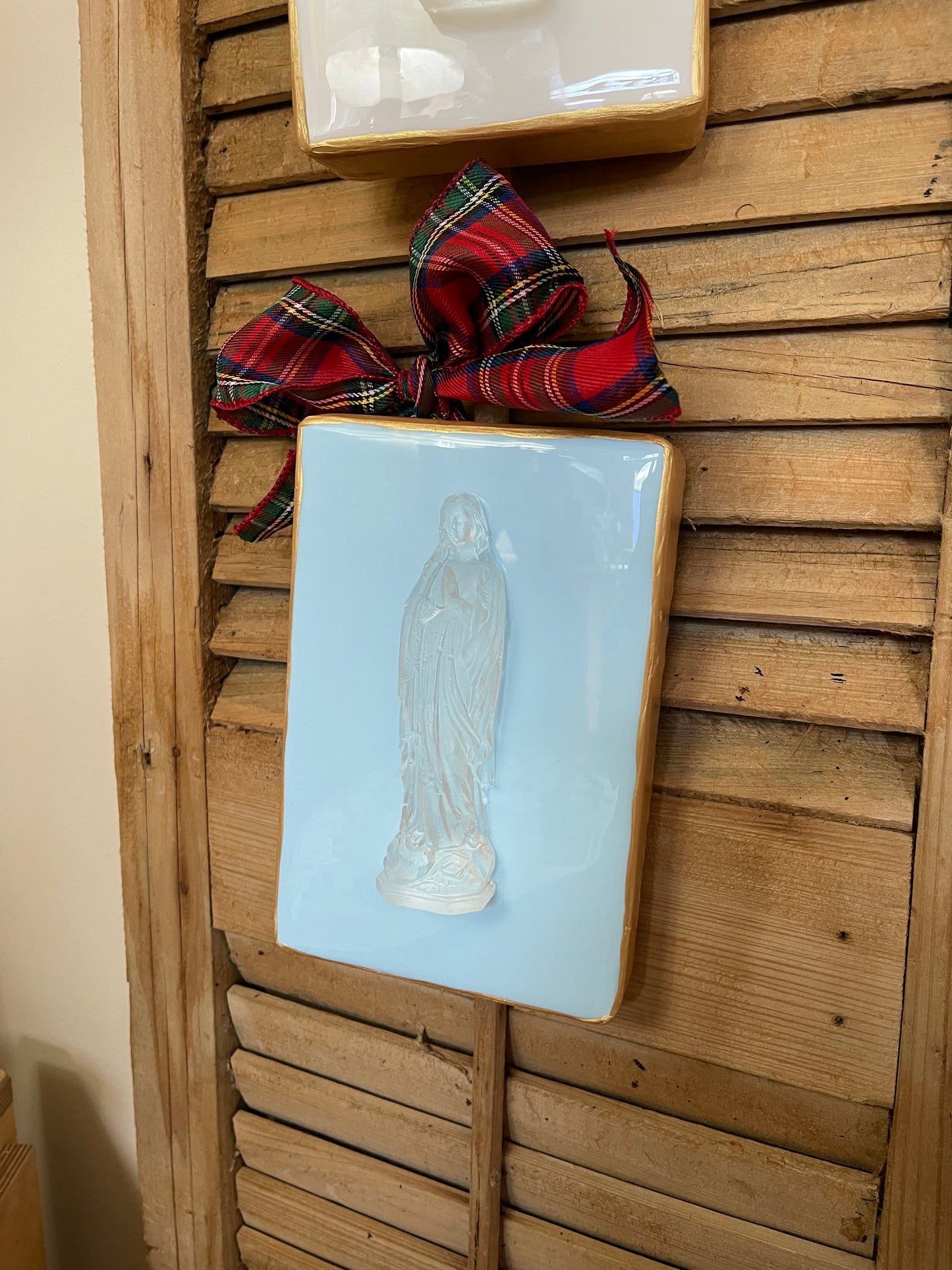 Blessed Mother Mary on Light Blue Wood Block