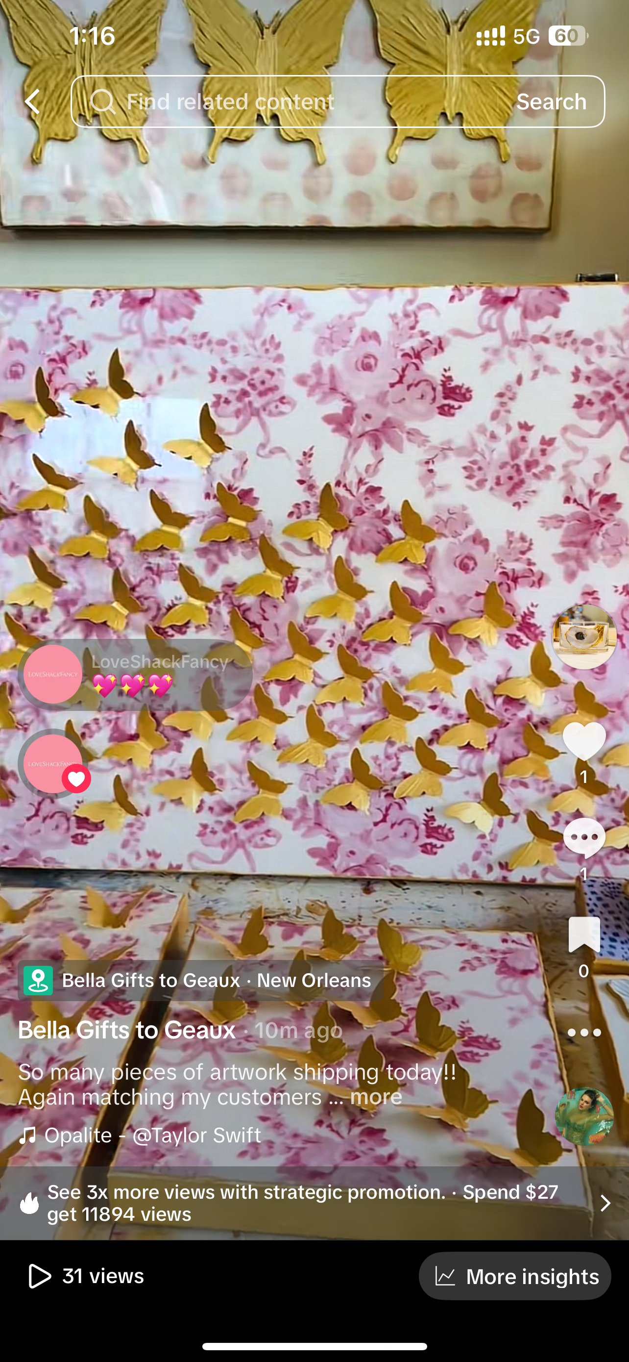 Gold Flying Butterflies on Pink Floral Canvas
