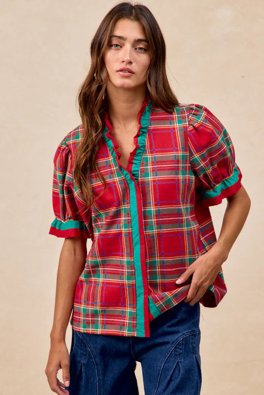 CHRISTMAS PLAID WOVEN
CONTRAST PUFF SLEEVES BLOUSE