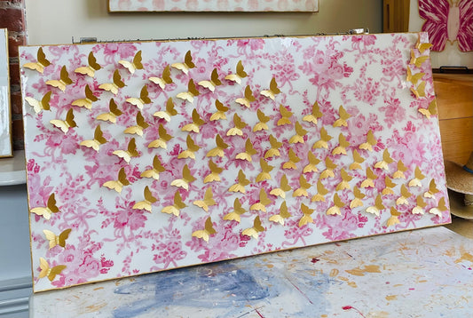 Gold Flying Butterflies on Pink Floral Canvas
