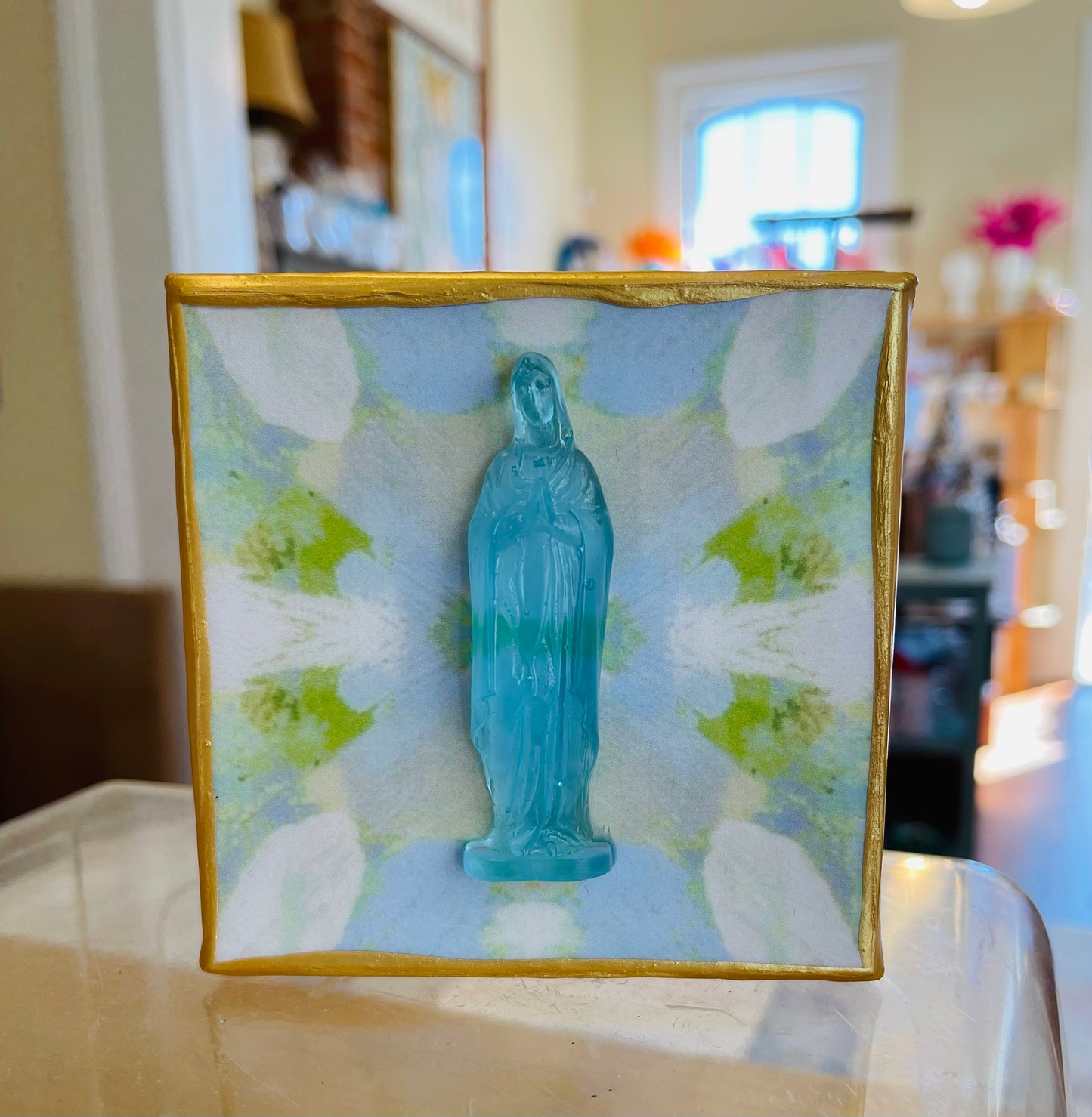 Blue Mother Mary on Light Blue/Green 4x4 Canvas