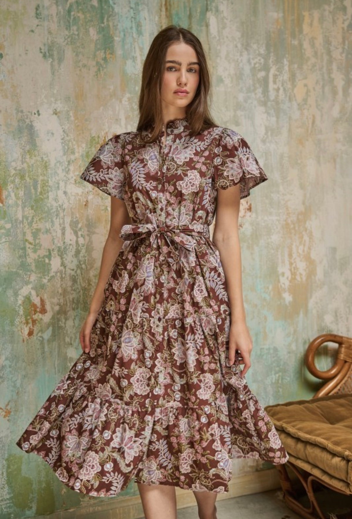 BELLUCCI POPLIN BUTTON FRONT TIERED MIDI DRESS