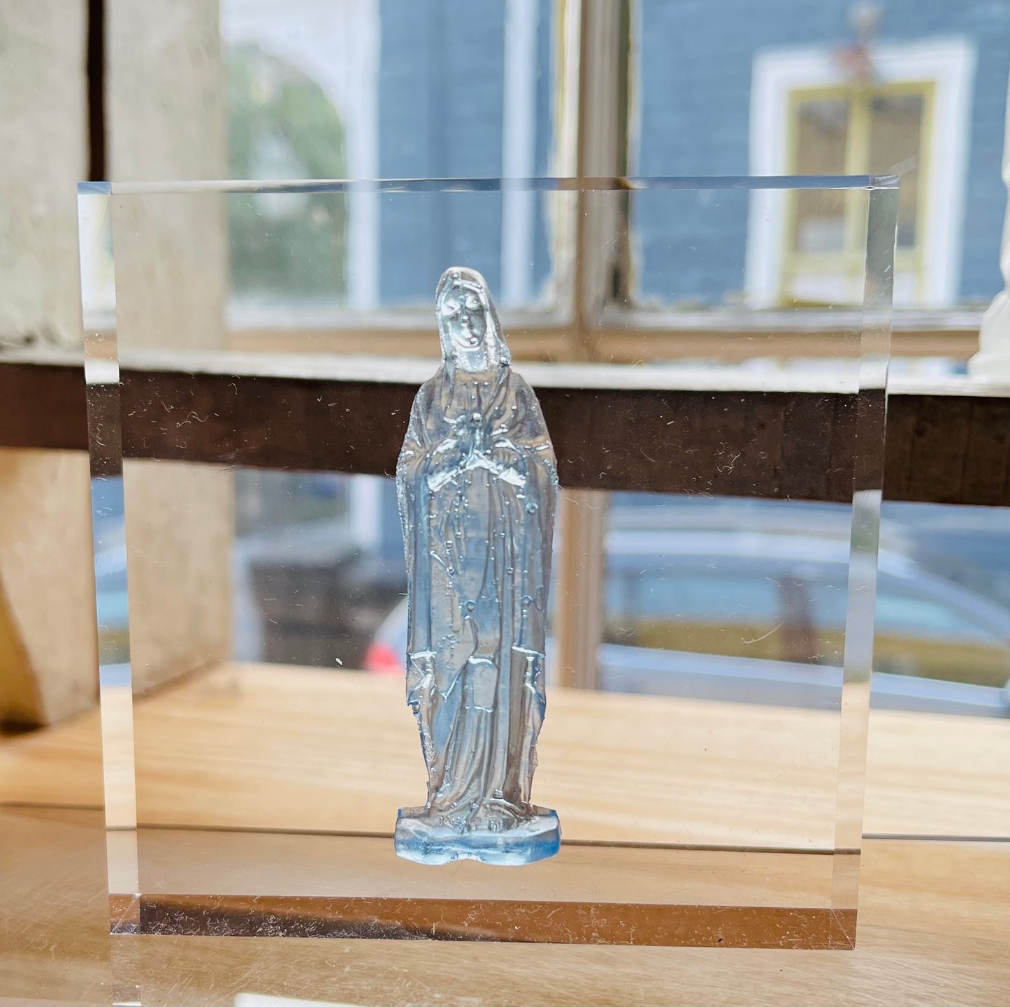 Light Blue Mother Mary Statue on 4x4 Acrylic Frame