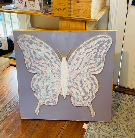 White, Lavender, Light Pink & Turquoise Butterfly on 30x30 Lavender Canvas
