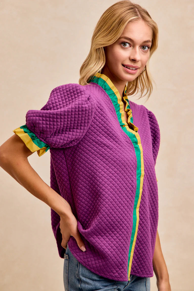 MARDI GRAS WOVEN CONTRAST
RUFFLED PUFF SLEEVES TOP