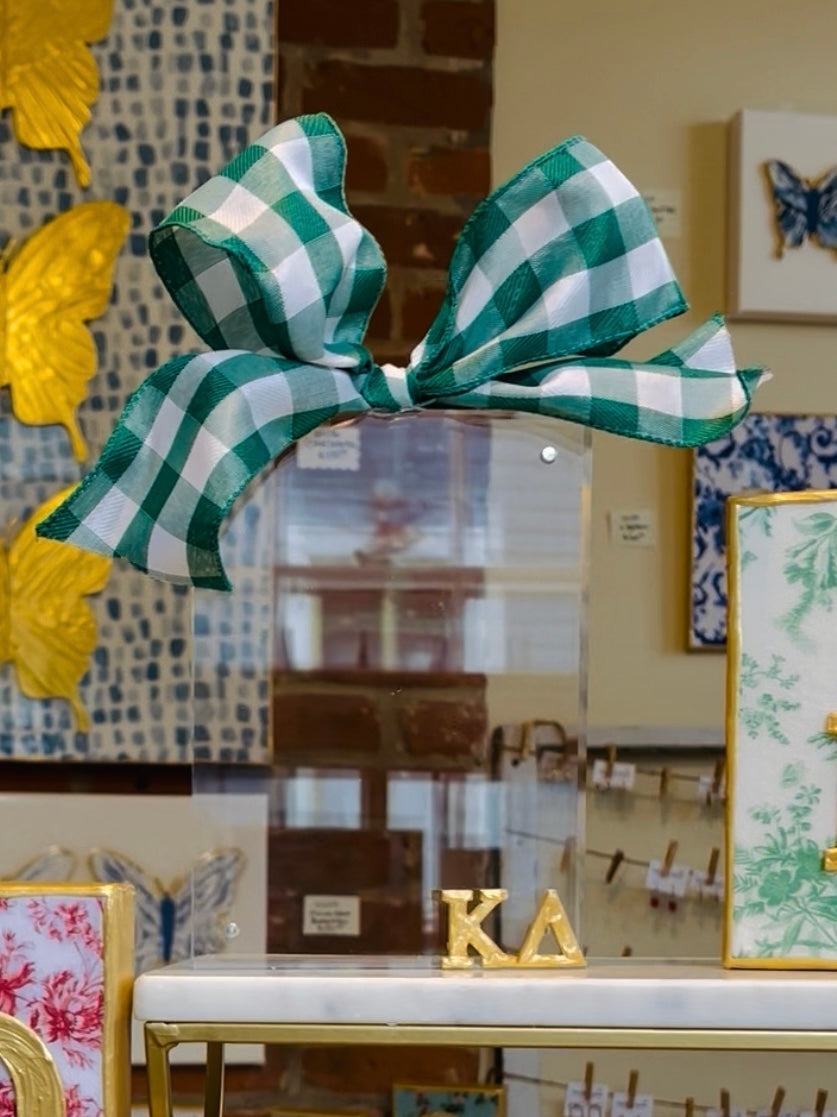 Kappa Delta Gold Letters Acrylic Frame with Green Gingham Ribbon