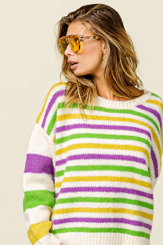 MARDI GRAS COLORS STRIPE COMFY IVORY SWEATER