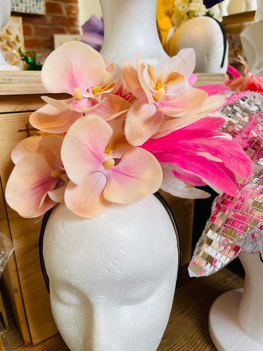Pink/Orange Orchid with Light Pink & White Feathers Headpiece
