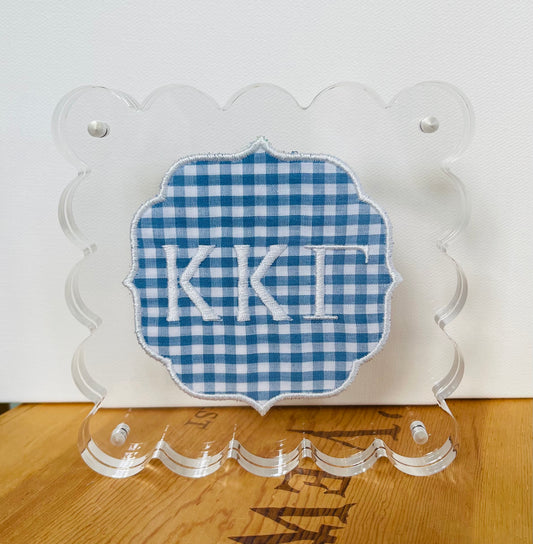 Embroidered Kappa Kappa Gamma on Blue Gingham in Scalloped Acrylic Frame