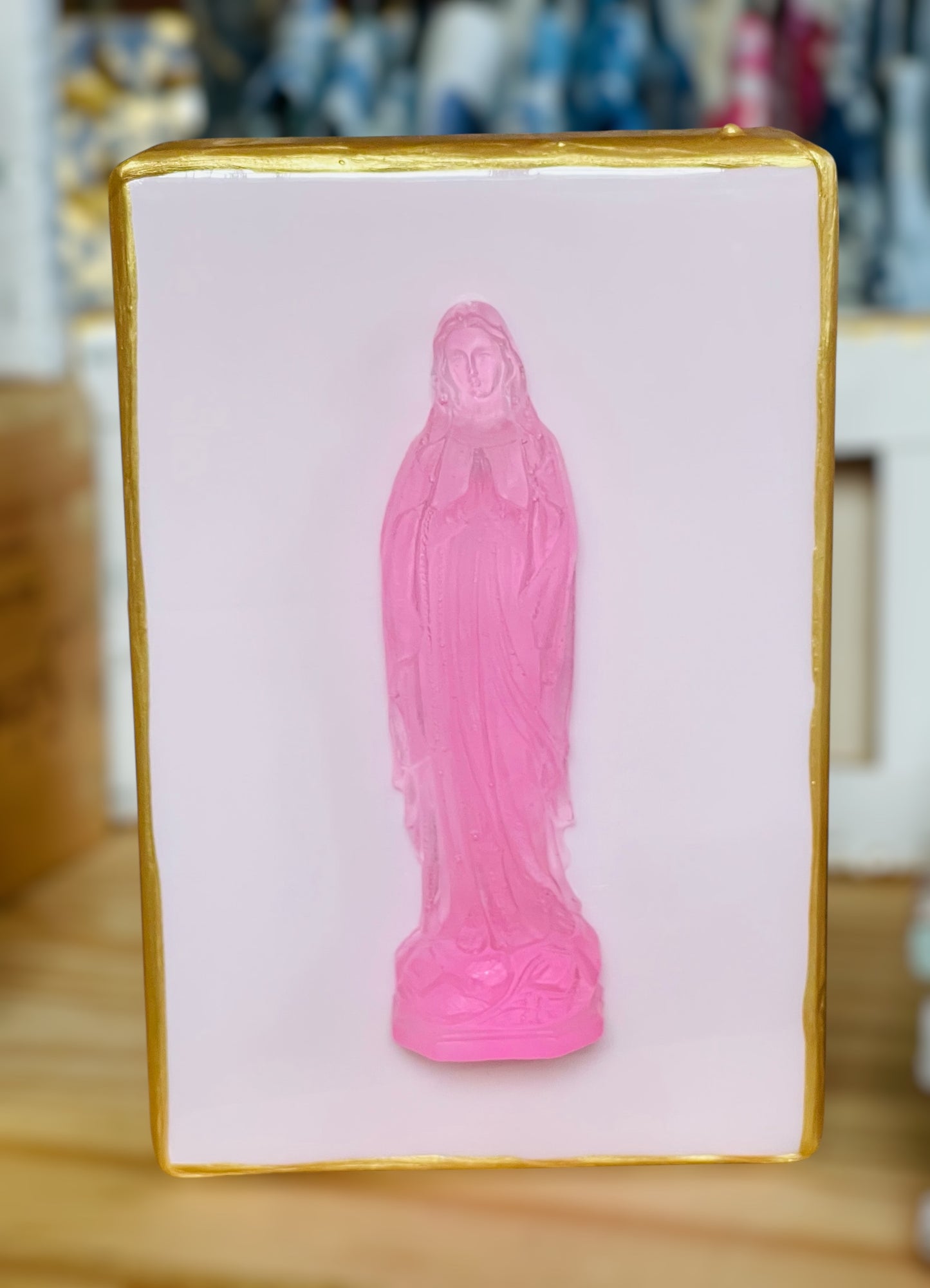 Mother Mary Pink Statue on Light Pink Wood