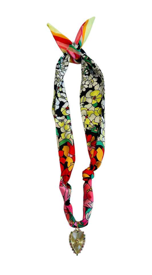 Scarf Charm Necklace on Multi Color with Gold Rhinestone Heart.