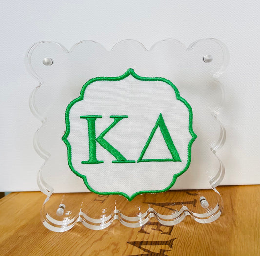 Embroidered Kappa Delta on White Linen in Scalloped Acrylic Frame