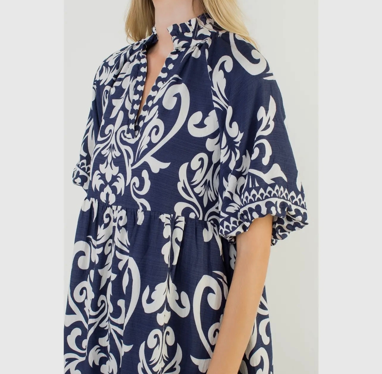 Puff Sleeve Print Midi Dress