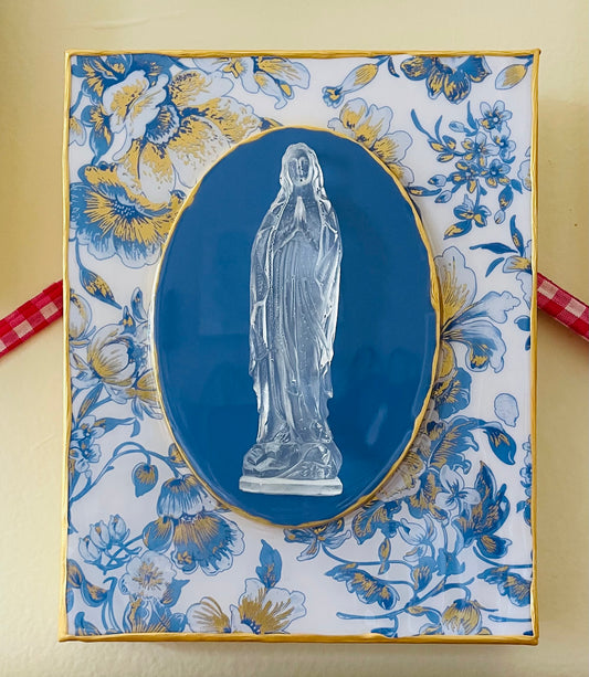 Blessed Mother Mary on a 8x10 Blue& Gold Floral