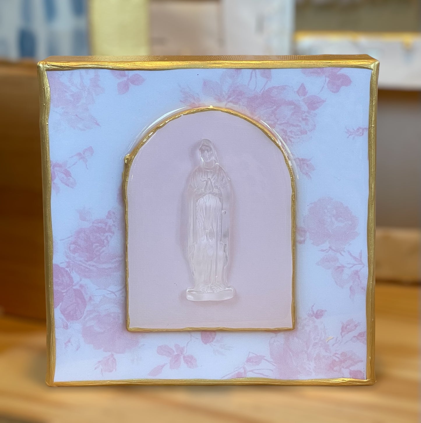 Mother Mary on Pink Floral 6x6 Canvas