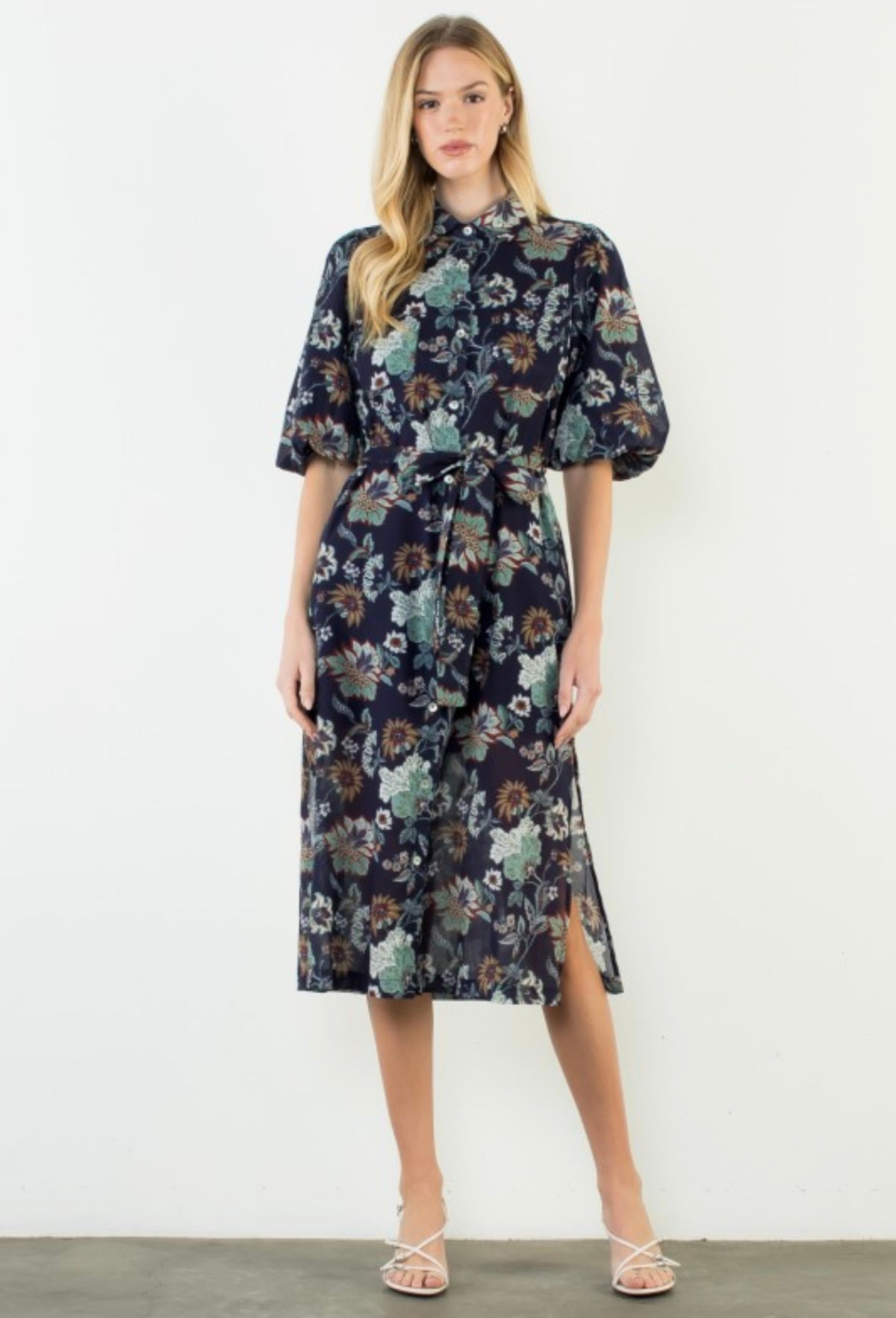 PIUFF SLEEVE FLORAL PATTERN BUTTON DOWN DRESS