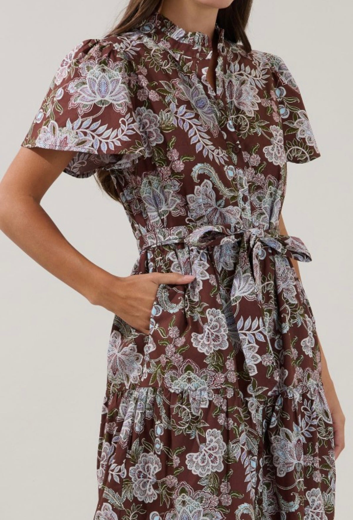 BELLUCCI POPLIN BUTTON FRONT TIERED MIDI DRESS