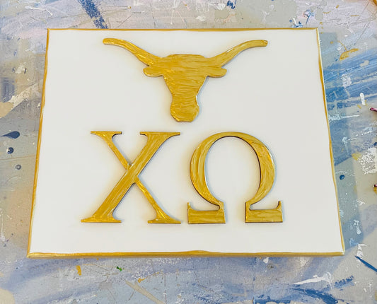 Gold Chi Omega Letters with Gold Longhorn