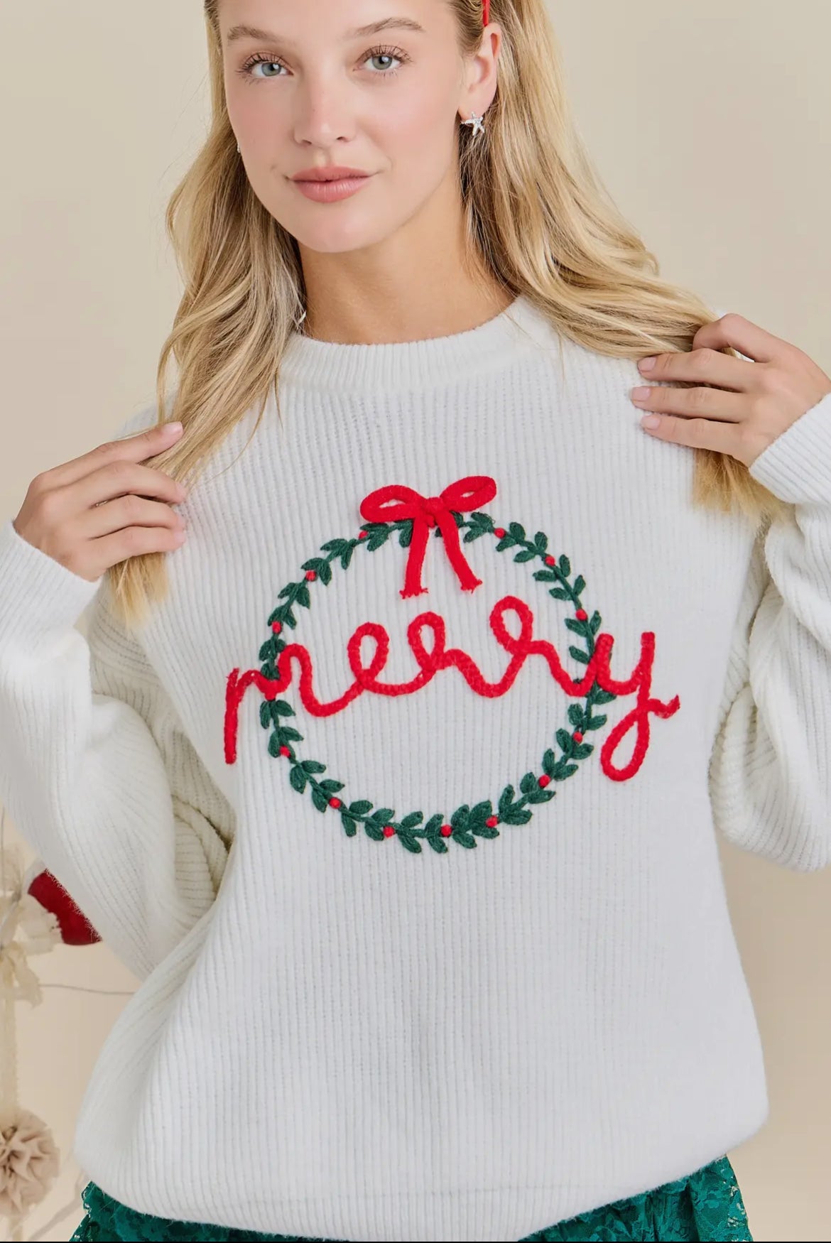Merry Wreath Knit Sweater with Red Bow - Holiday Pullover