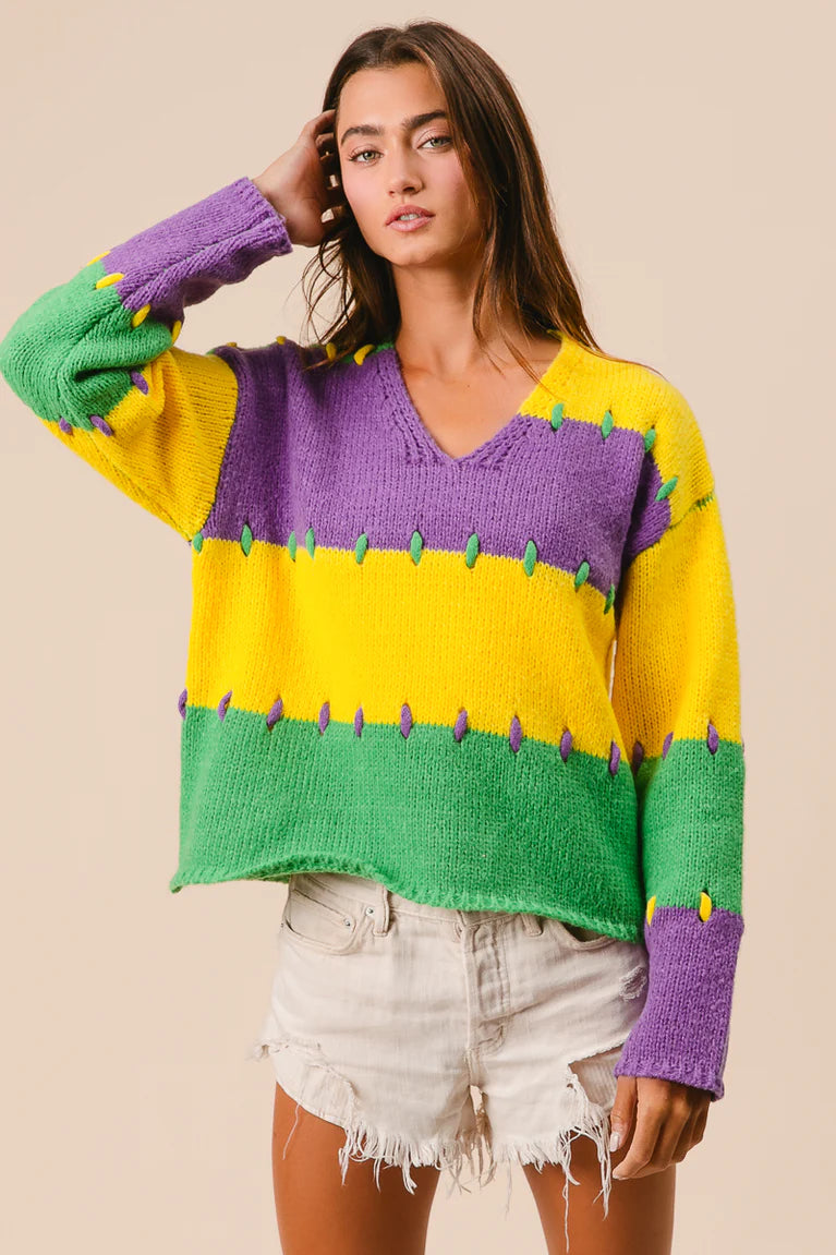 STITCH DETAIL MARDI GRAS STRIPES SWEATER